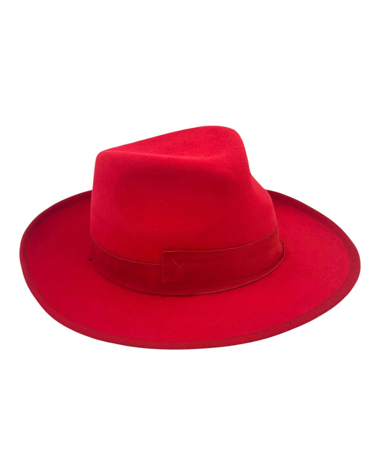 Scarlet red felt trilby hat with a suede band, designed and made by hand in London by couture milliner Maria Monica London