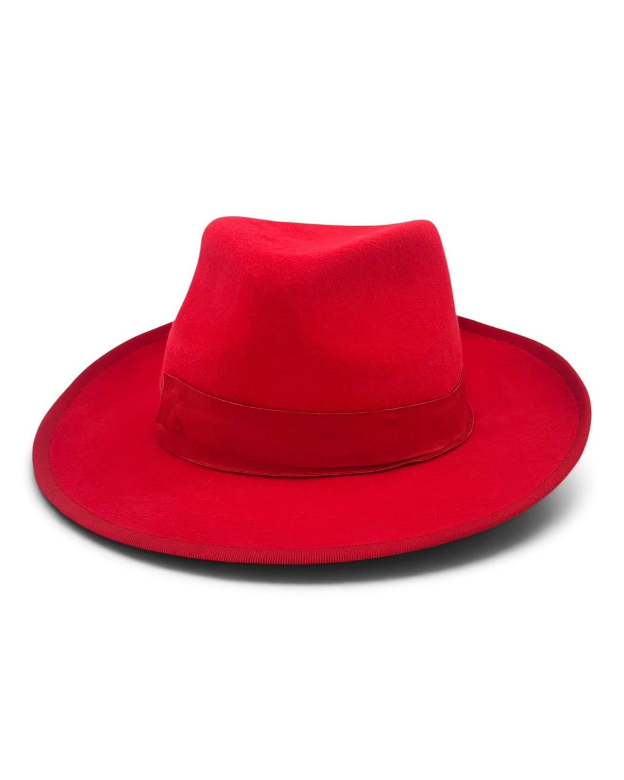 Front view of the scarlet red felt trilby showing the pinched crown and the wide brim, handmade in London