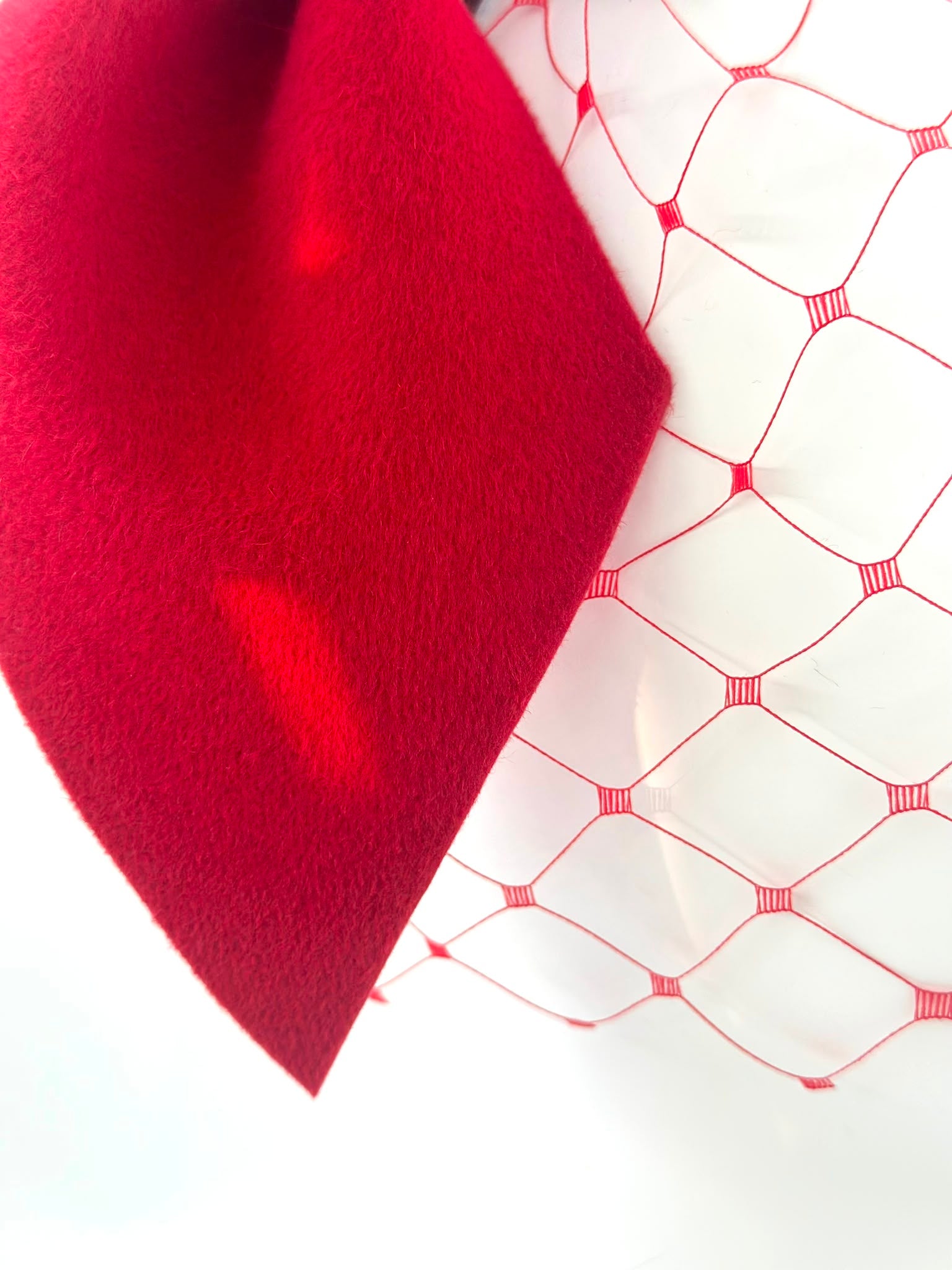 Premium felt and tonal veil detail in scarlet red, Maria Monica London