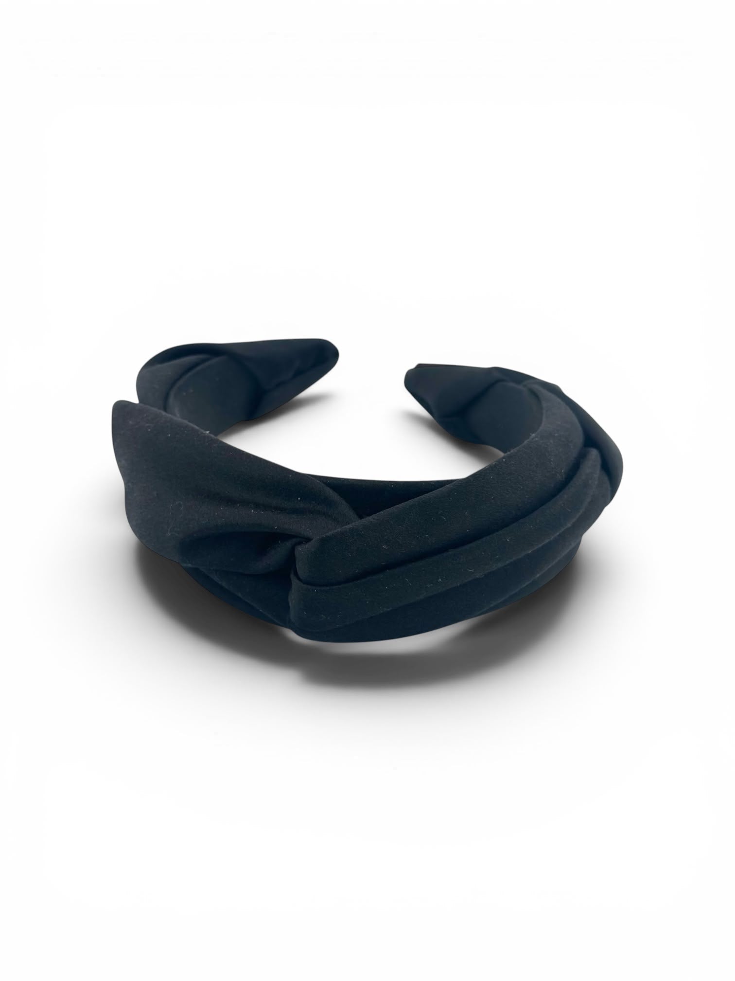 Black satin headband, angled view, Maria Monica London