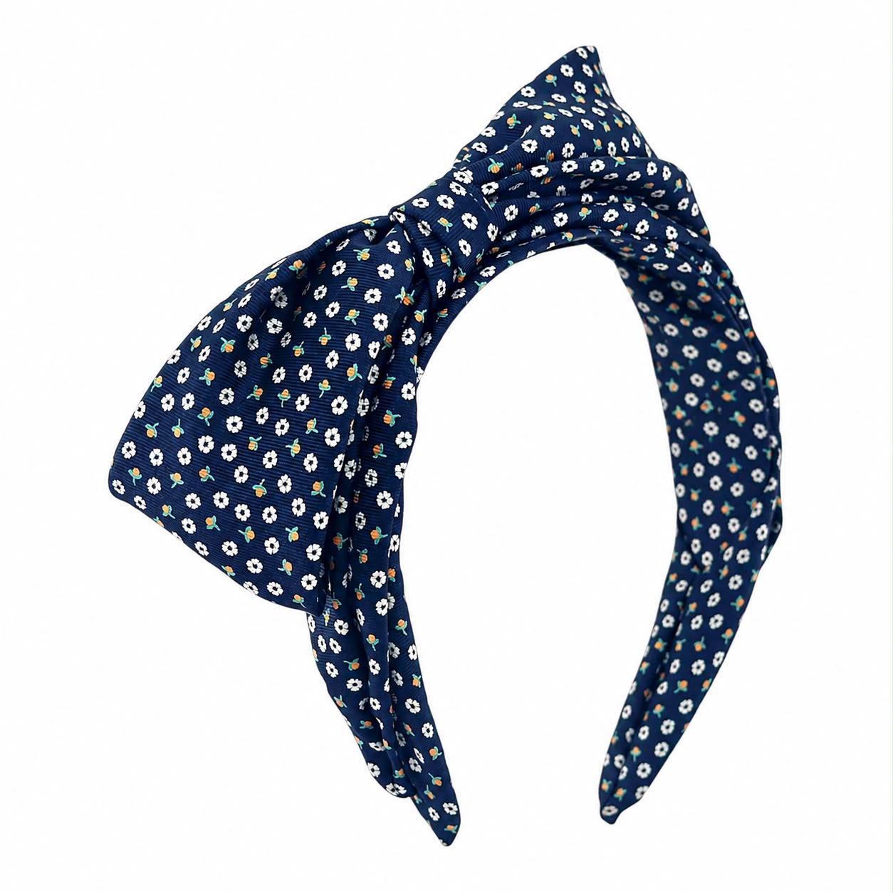 Midnight blossom silk bow headband, front view, Maria Monica London