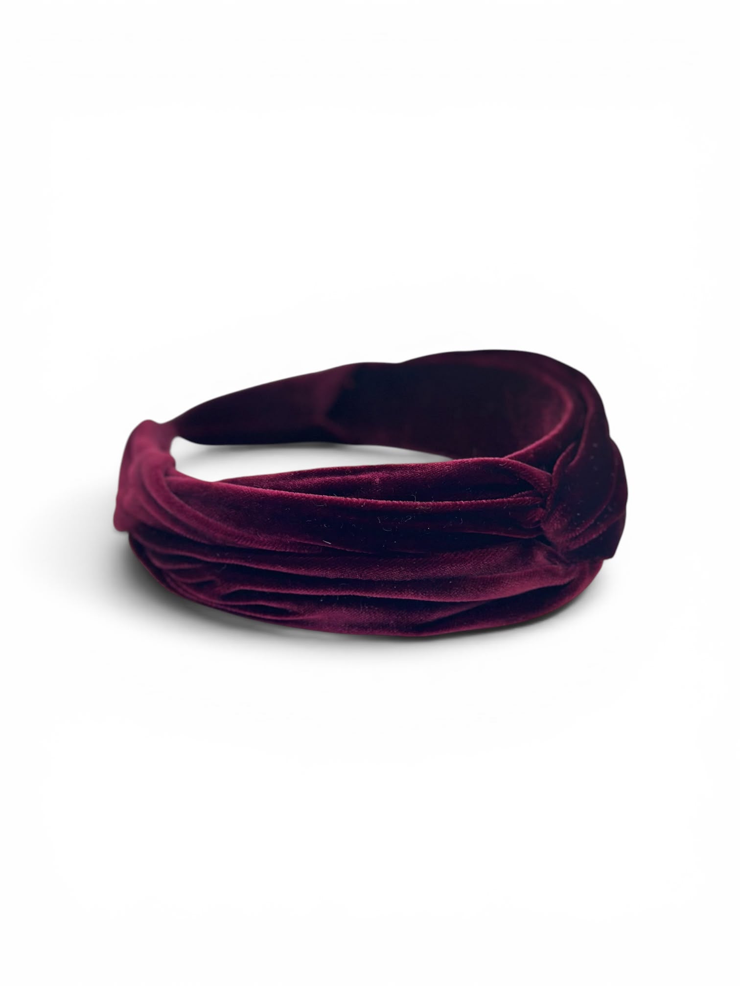 Deep burgundy silk velvet headband, angled view, Maria Monica London