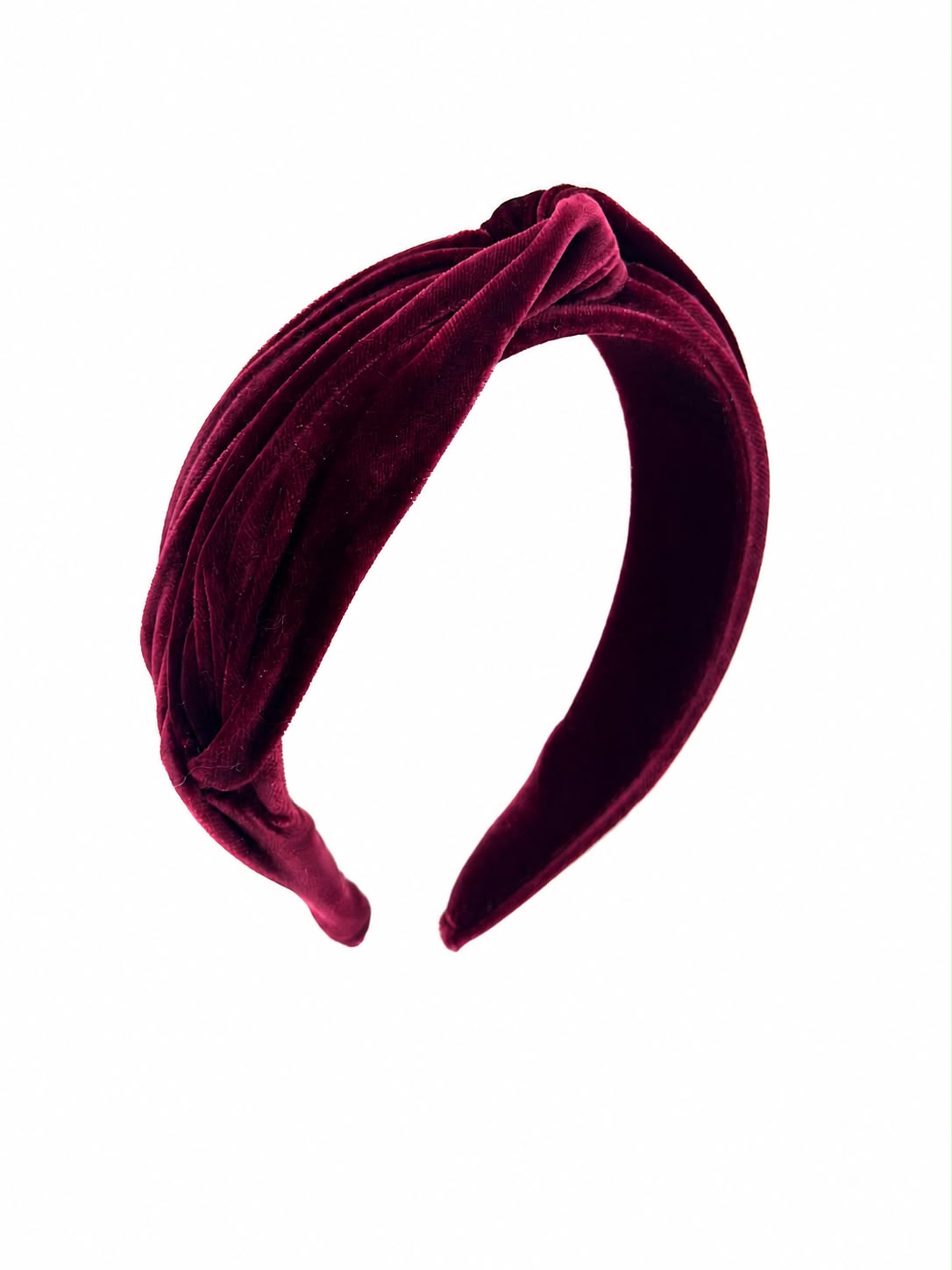 Deep burgundy silk velvet draped headband, Maria Monica London