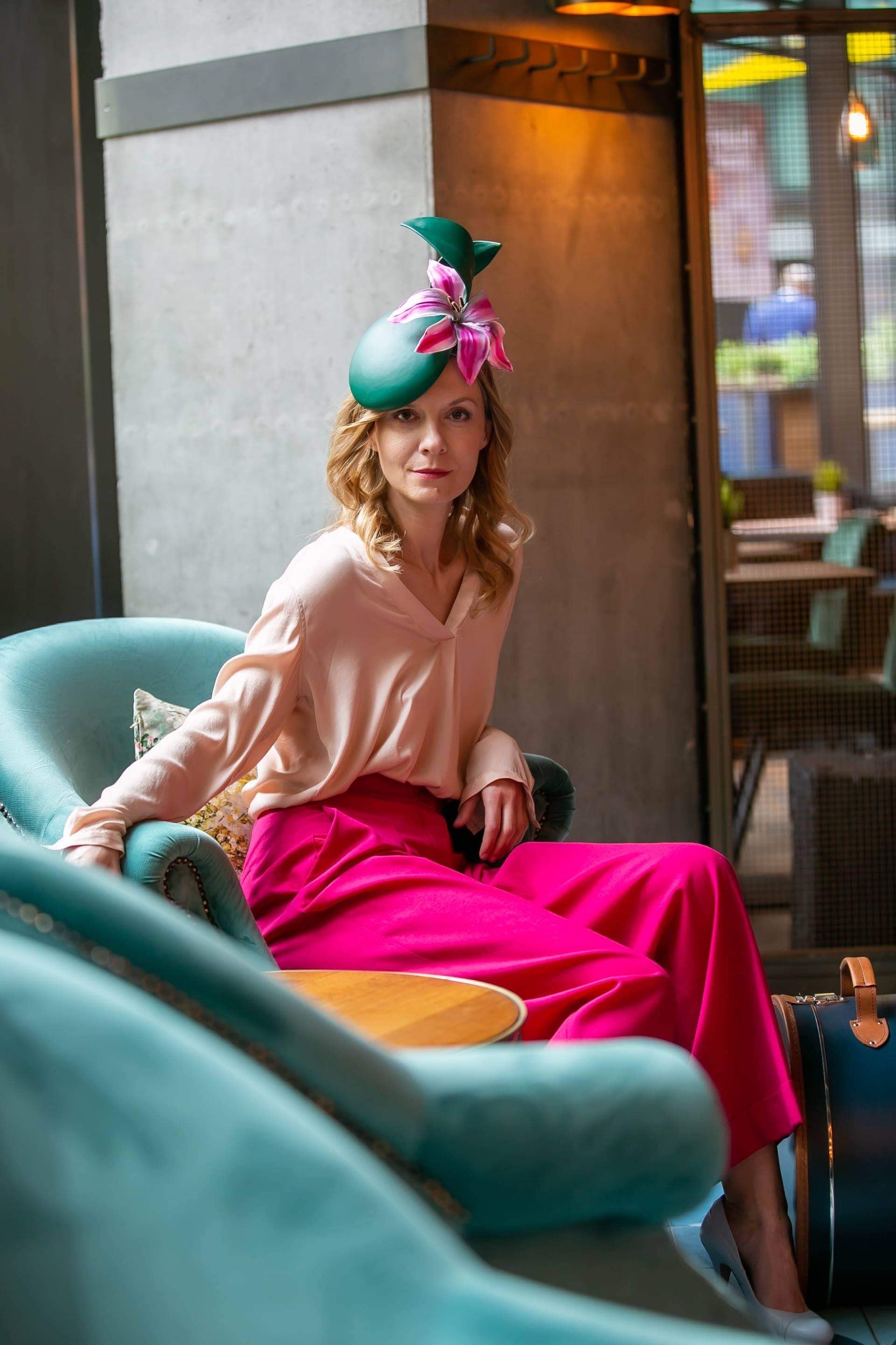 Teal cocktail hat with a lily, occasion headpiece by Maria Monica London
