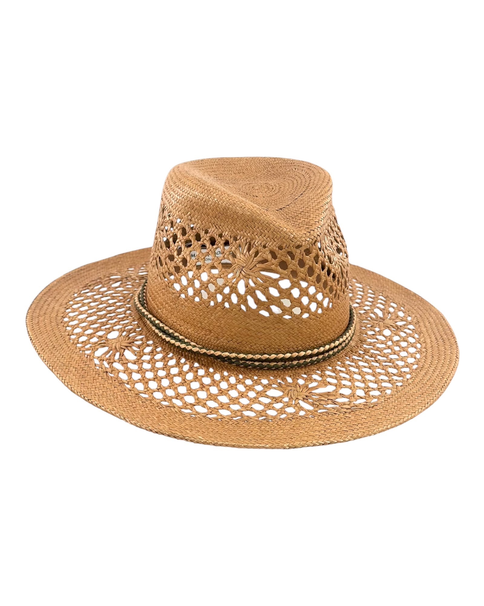 Toffee Panama straw fedora with an open lace-effect weave across the crown and brim, finished with a two-tone braided trim, Maria Monica London
