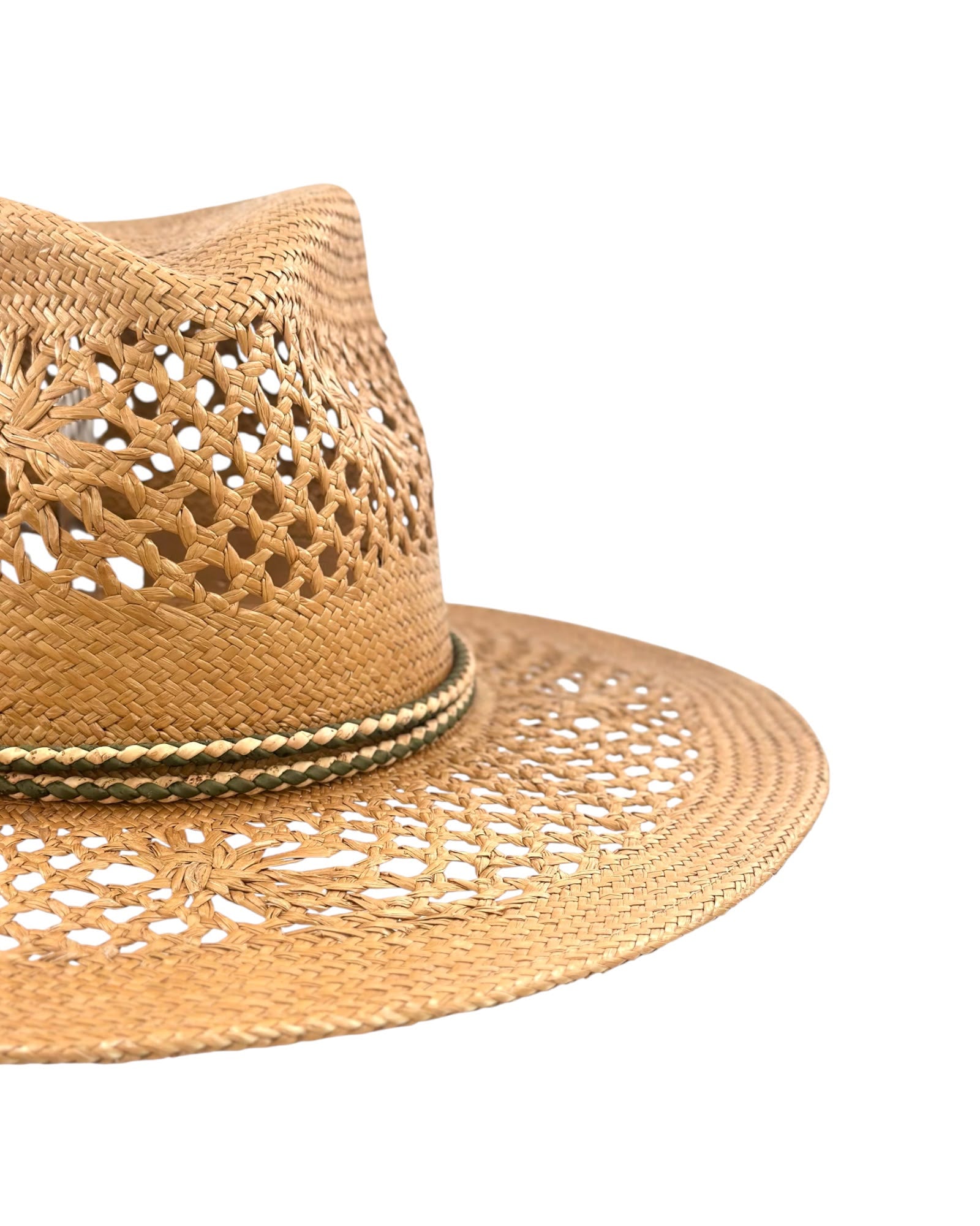 Close view of the lace-effect openwork weave and the two-tone braided band on the toffee Panama fedora, Maria Monica London