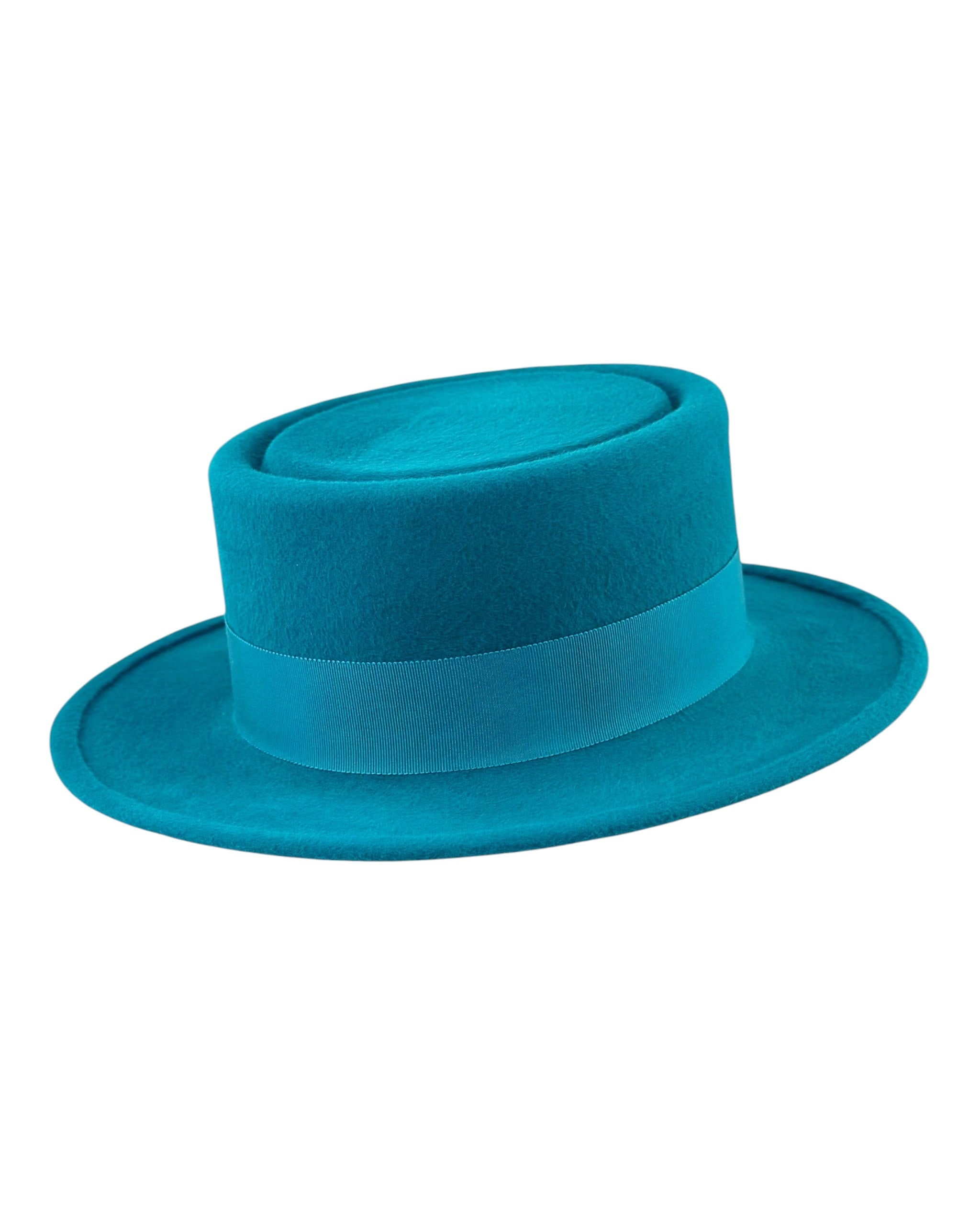 Turquoise blue felt boater hat with tonal grosgrain ribbon and a narrow brim, handmade in London by couture milliner Maria Monica London